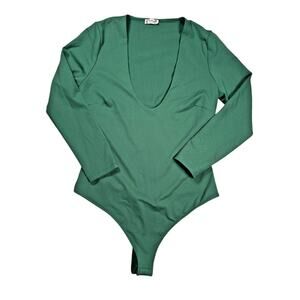 Intimately Free People Close Call Duo Bodysuit S Green Deep V Snap Closure Thong